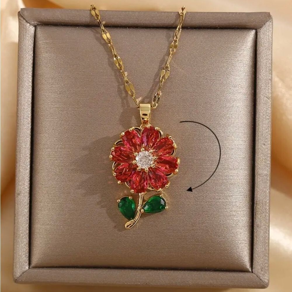 18K Gold Plated Red Turning Flower Diamond Pendant Necklace